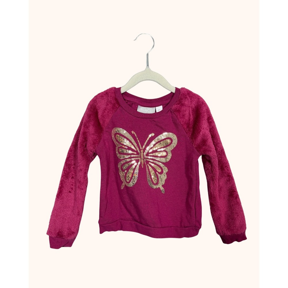 The Childrens Place Girls 4T Magenta Sequin Butterfly Faux Fur Sleeve Sweatshirt